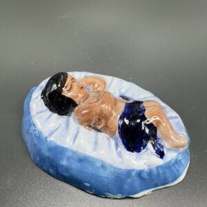 Vintage Mexican Pottery Hand Painted Blue Tonala Nativity Figurine Baby Jesus